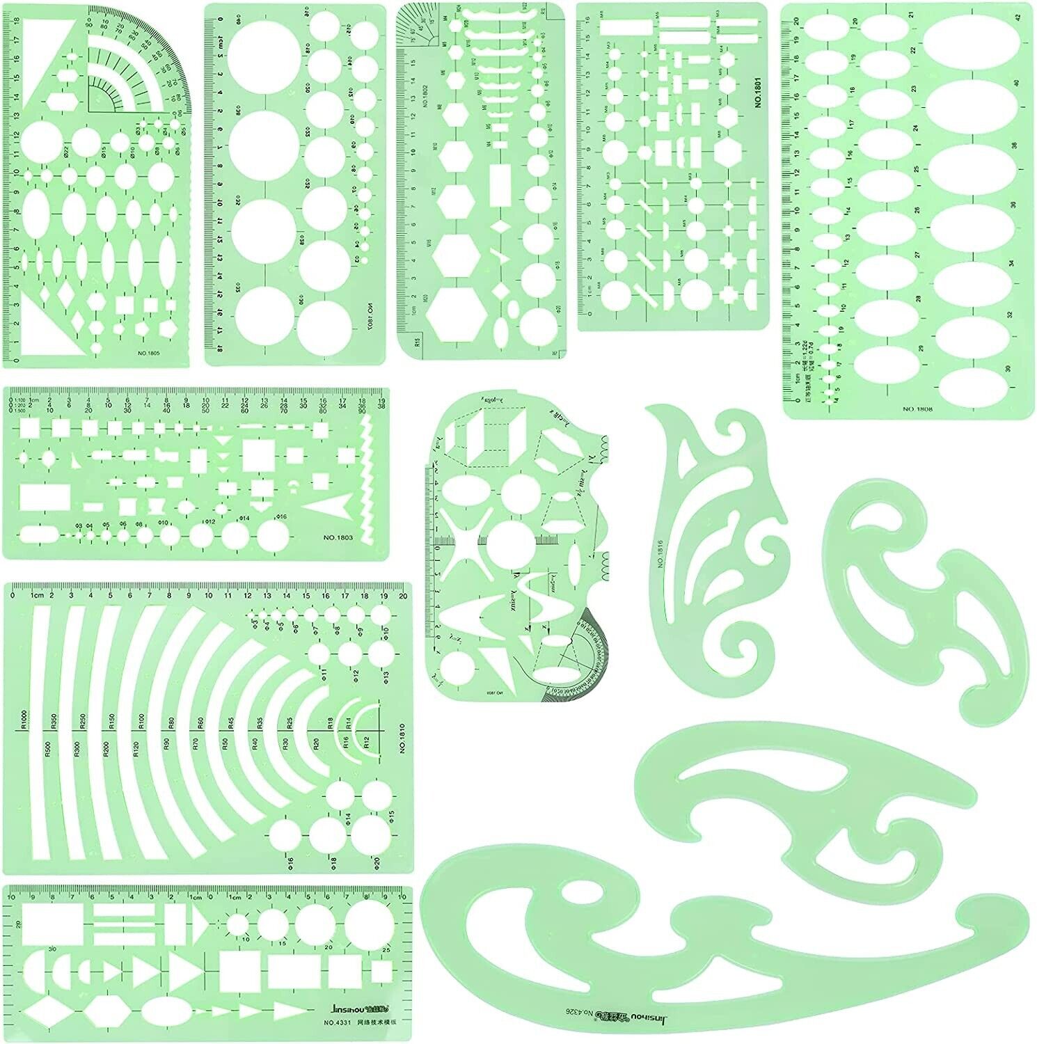 UCEC Office Geometric Drawing Templates, Plastic Measuring Ruler Templates 13PCS